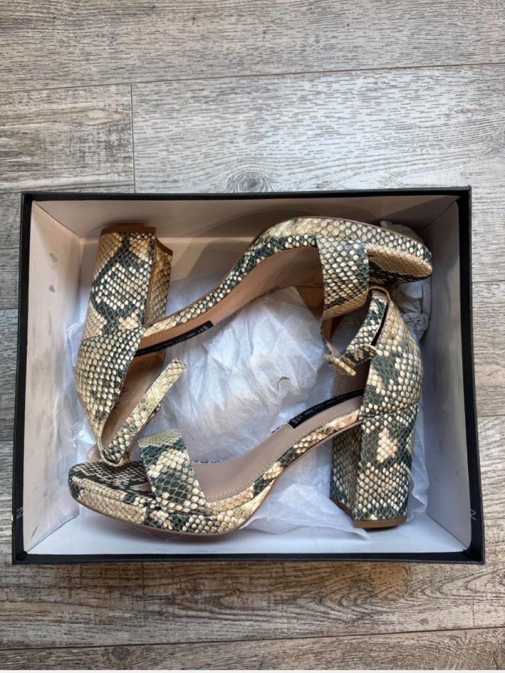 NWT Steven By Steve Madden Beige and Black Snake-Print Ankle-Strap Block Heels
